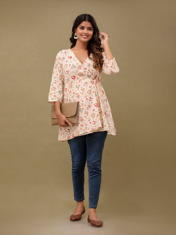 Floral Printed V-Neck Pure Cotton Angrakha A-Line