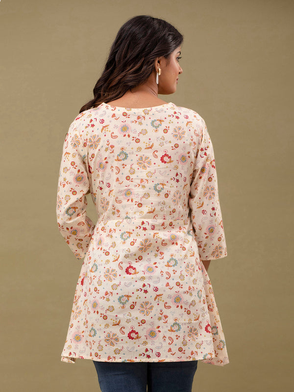 Floral Printed V-Neck Pure Cotton Angrakha A-Line