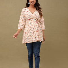 Floral Printed V-Neck Pure Cotton Angrakha A-Line