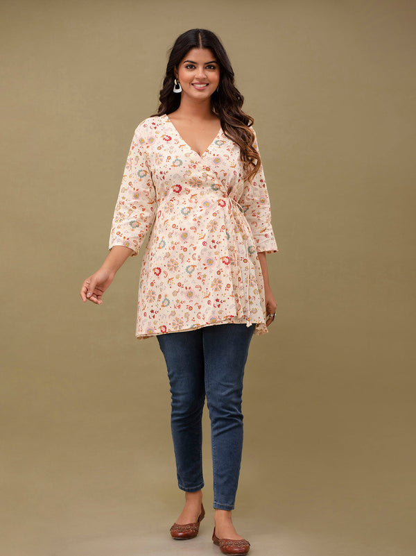 Floral Printed V-Neck Pure Cotton Angrakha A-Line