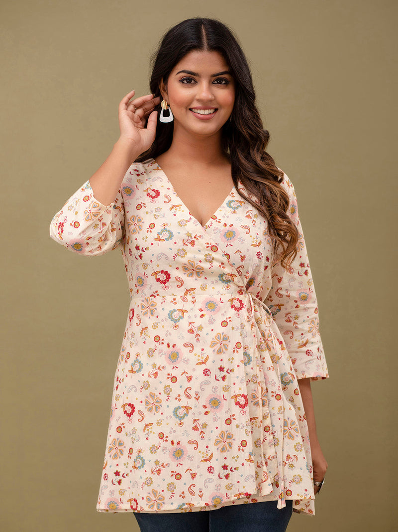 Floral Printed V-Neck Pure Cotton Angrakha A-Line