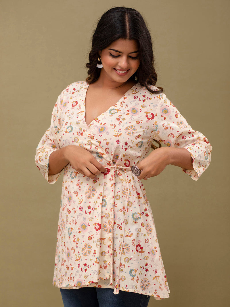 Floral Printed V-Neck Pure Cotton Angrakha A-Line