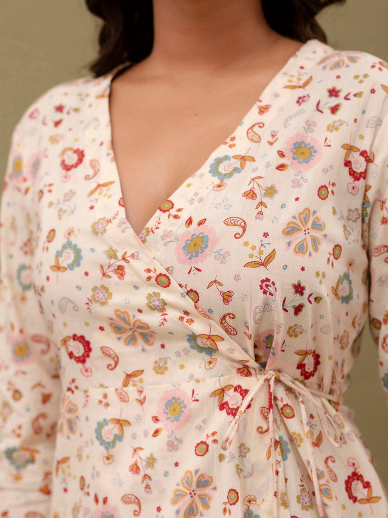 Floral Printed V-Neck Pure Cotton Angrakha A-Line