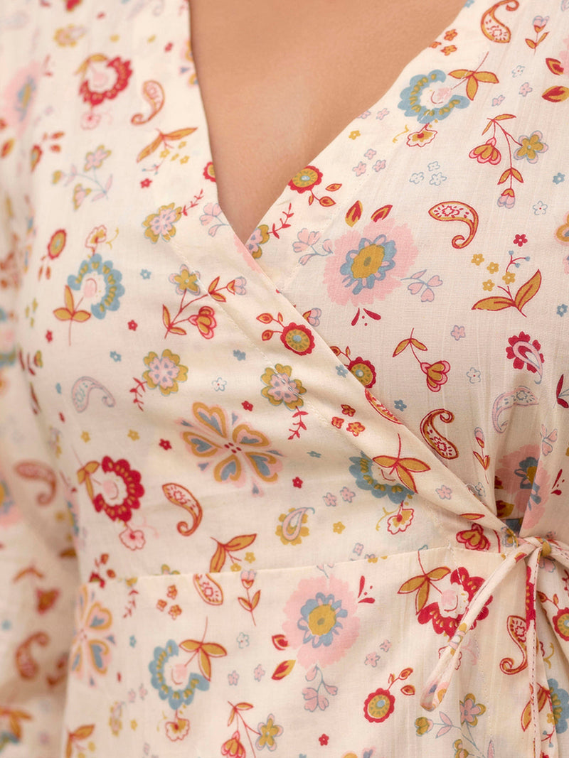 Floral Printed V-Neck Pure Cotton Angrakha A-Line