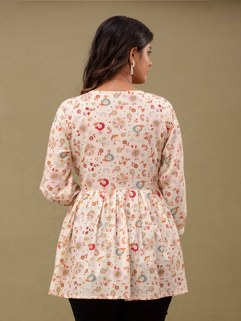 Floral Printed V-Neck Pure Cotton Pleated A-Line Kurti