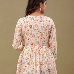 Floral Printed V-Neck Pure Cotton Pleated A-Line Kurti