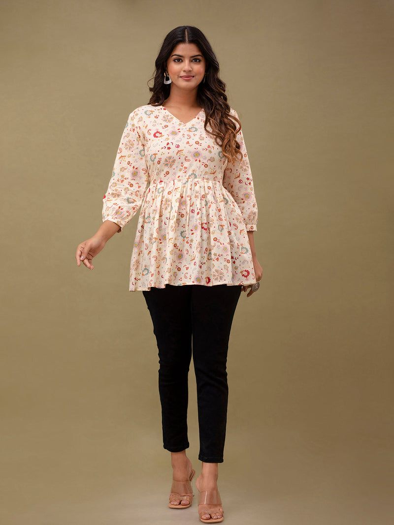 Floral Printed V-Neck Pure Cotton Pleated A-Line Kurti