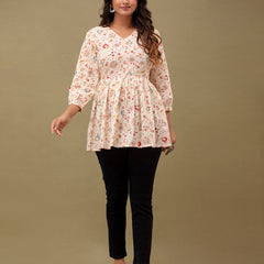 Floral Printed V-Neck Pure Cotton Pleated A-Line Kurti