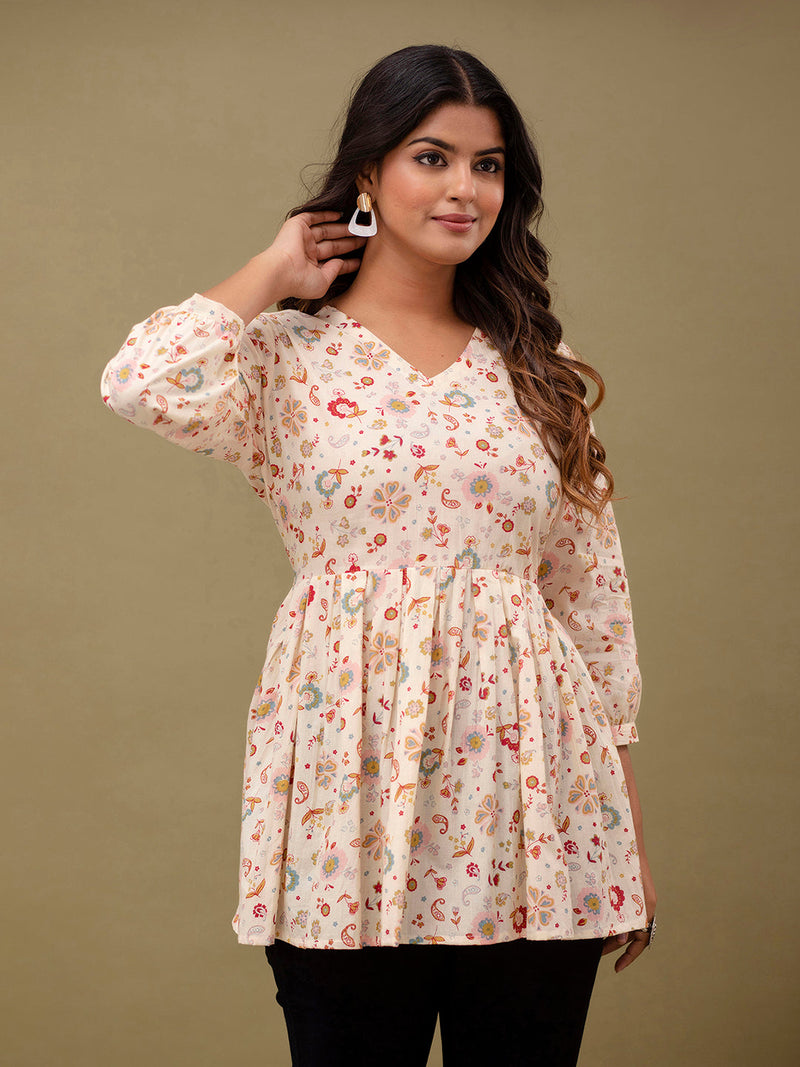 Floral Printed V-Neck Pure Cotton Pleated A-Line Kurti