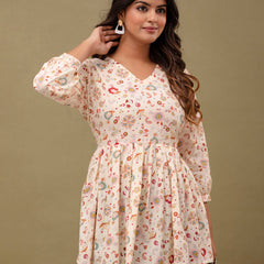Floral Printed V-Neck Pure Cotton Pleated A-Line Kurti