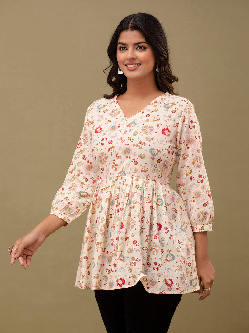 Floral Printed V-Neck Pure Cotton Pleated A-Line Kurti