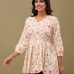 Floral Printed V-Neck Pure Cotton Pleated A-Line Kurti