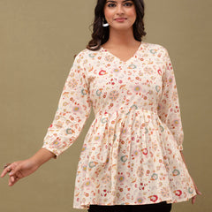 Floral Printed V-Neck Pure Cotton Pleated A-Line Kurti