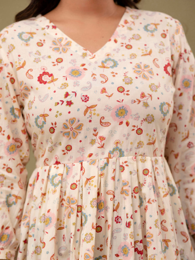 Floral Printed V-Neck Pure Cotton Pleated A-Line Kurti