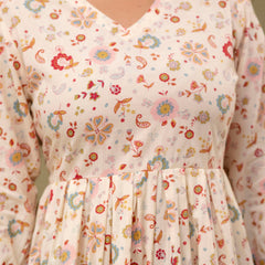 Floral Printed V-Neck Pure Cotton Pleated A-Line Kurti