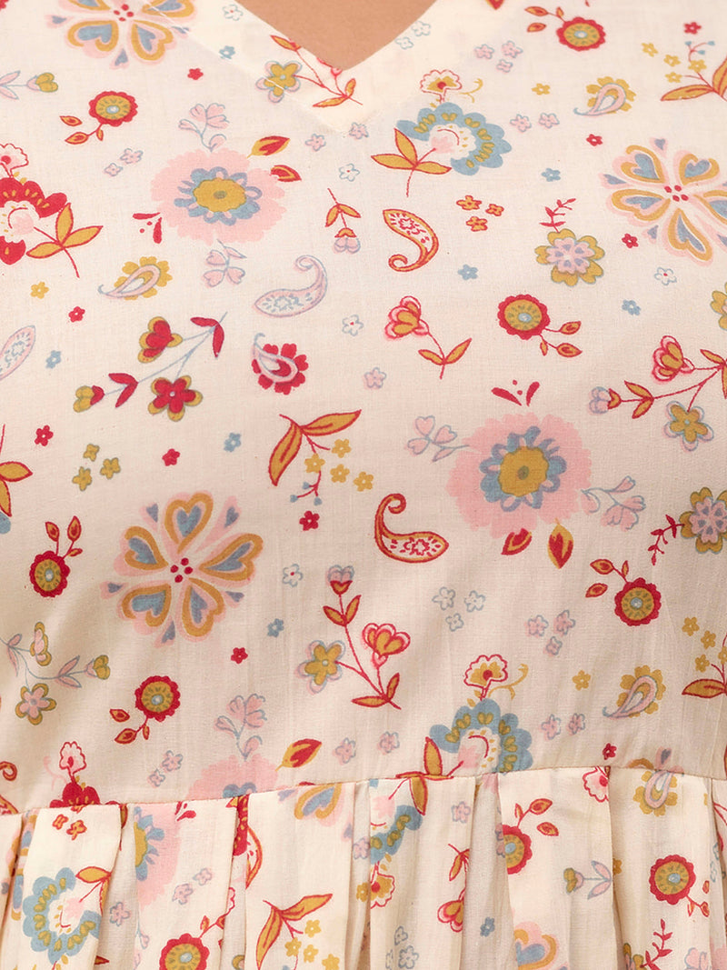 Floral Printed V-Neck Pure Cotton Pleated A-Line Kurti