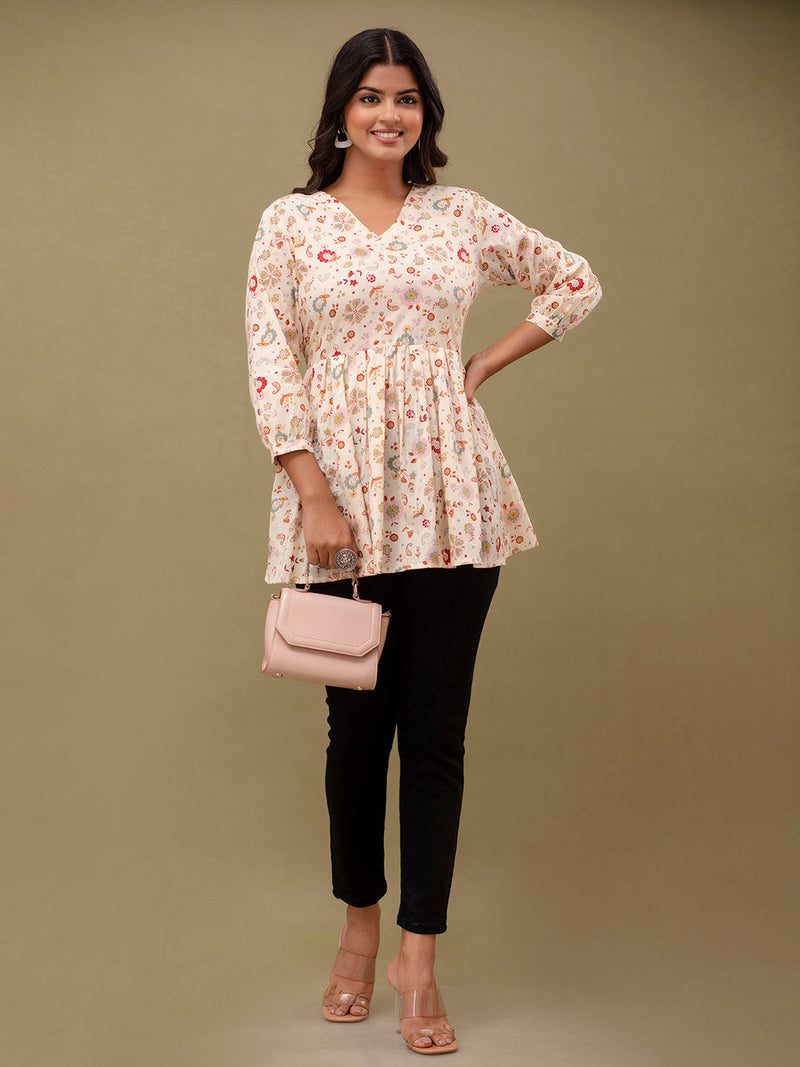 Floral Printed V-Neck Pure Cotton Pleated A-Line Kurti