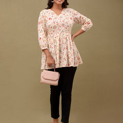 Floral Printed V-Neck Pure Cotton Pleated A-Line Kurti