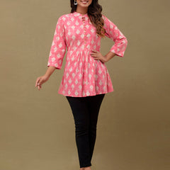 Floral Printed Pure Cotton Pleated A-Line Kurti