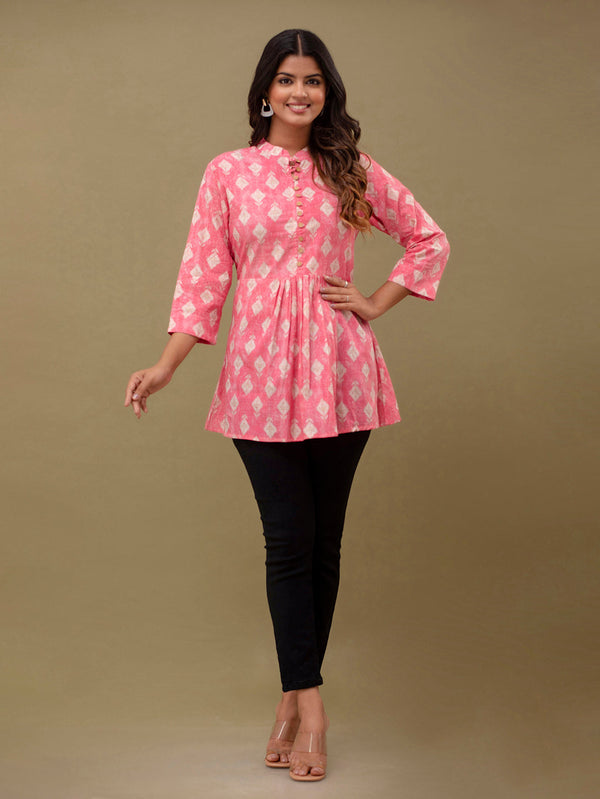Floral Printed Pure Cotton Pleated A-Line Kurti