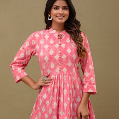 Floral Printed Pure Cotton Pleated A-Line Kurti