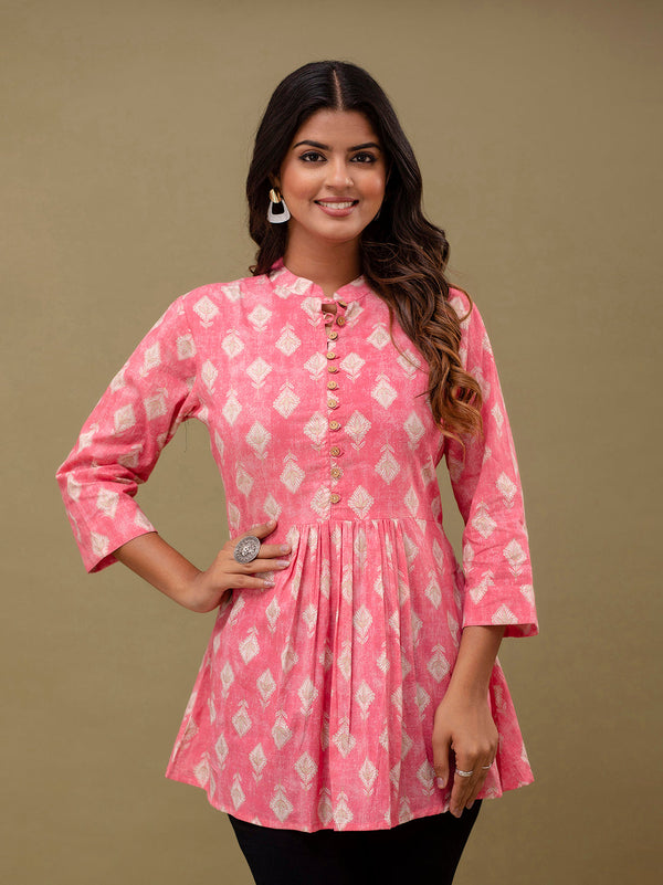 Floral Printed Pure Cotton Pleated A-Line Kurti
