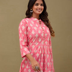 Floral Printed Pure Cotton Pleated A-Line Kurti