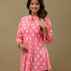 Floral Printed Pure Cotton Pleated A-Line Kurti