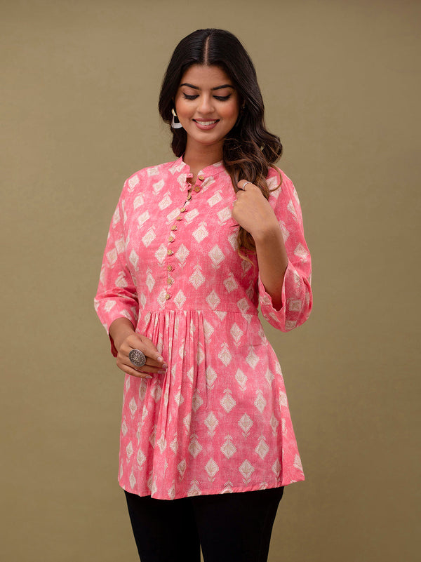 Floral Printed Pure Cotton Pleated A-Line Kurti