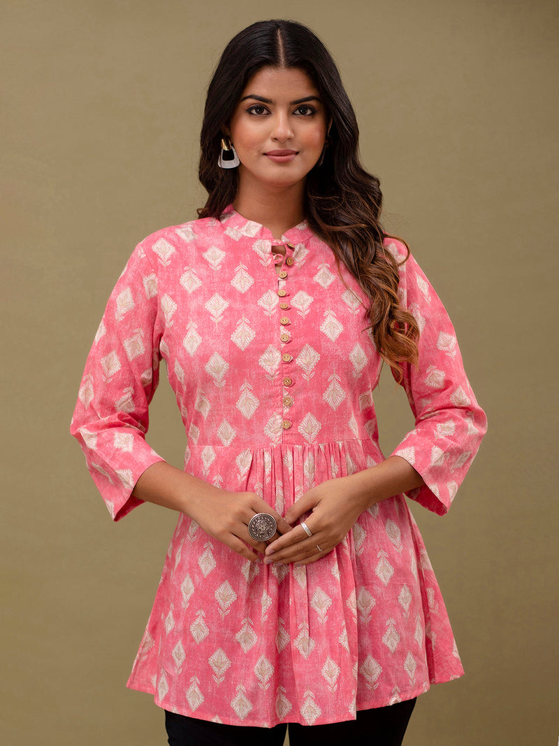 Floral Printed Pure Cotton Pleated A-Line Kurti
