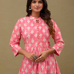 Floral Printed Pure Cotton Pleated A-Line Kurti