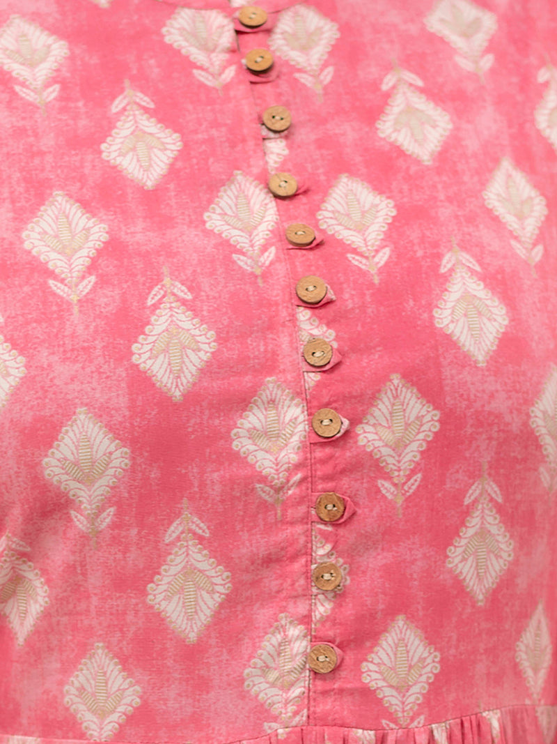 Floral Printed Pure Cotton Pleated A-Line Kurti