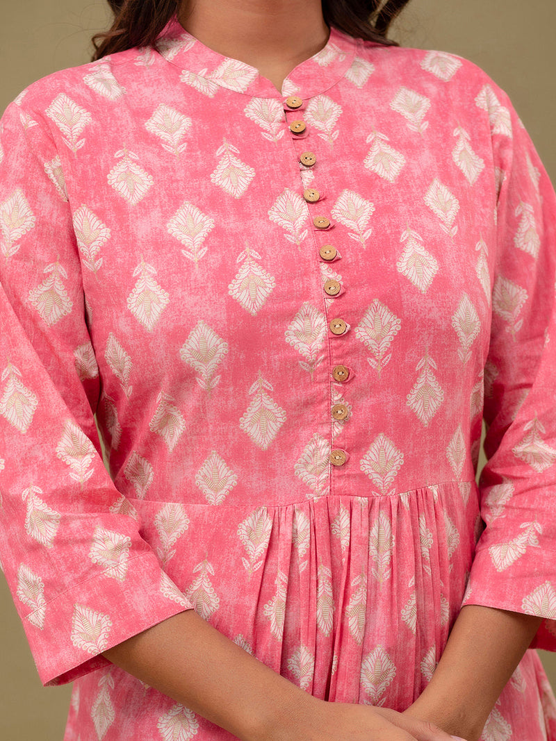 Floral Printed Pure Cotton Pleated A-Line Kurti