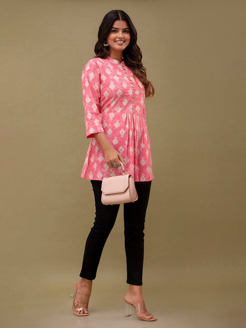 Floral Printed Pure Cotton Pleated A-Line Kurti