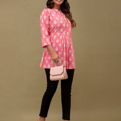 Floral Printed Pure Cotton Pleated A-Line Kurti