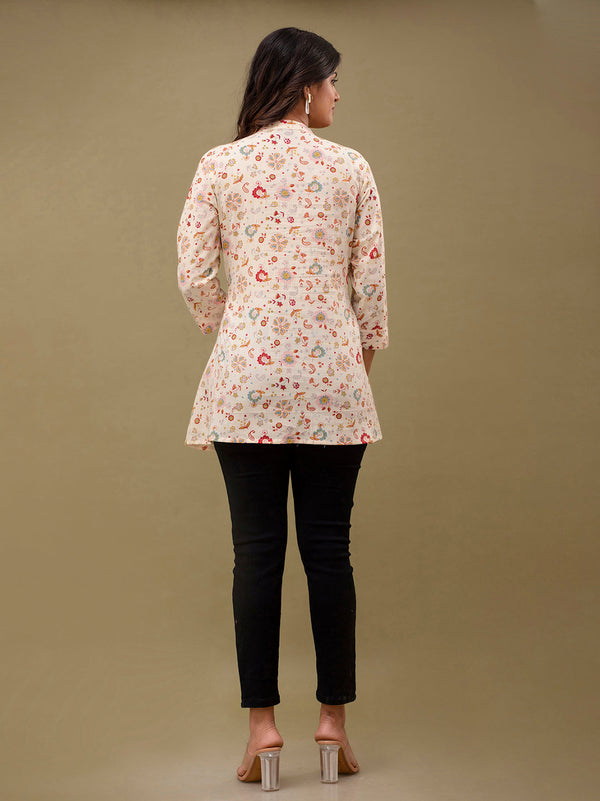 Floral Printed Pure Cotton Pleated A-Line Kurti