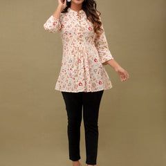 Floral Printed Pure Cotton Pleated A-Line Kurti