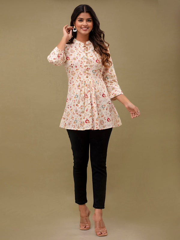 Floral Printed Pure Cotton Pleated A-Line Kurti