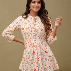 Floral Printed Pure Cotton Pleated A-Line Kurti