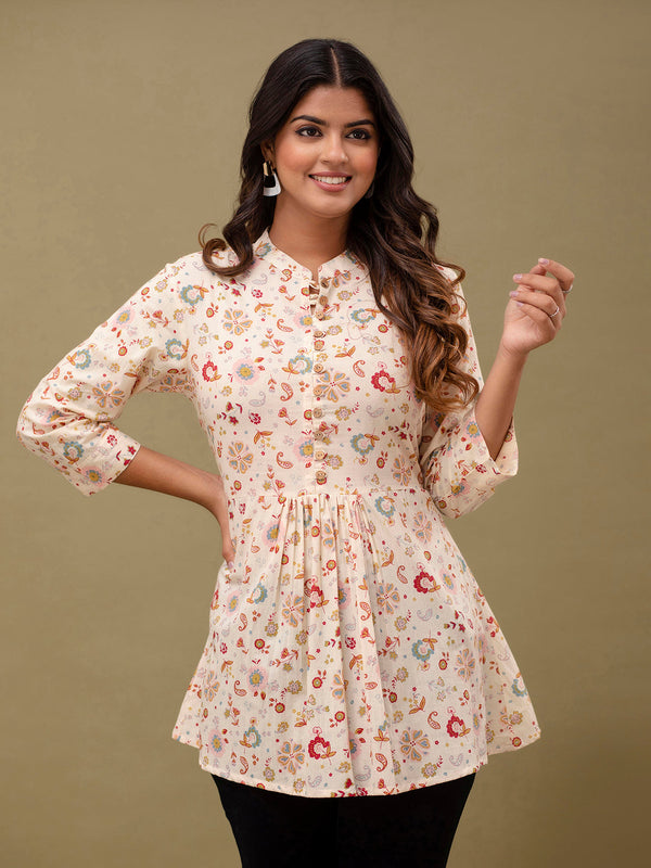 Floral Printed Pure Cotton Pleated A-Line Kurti