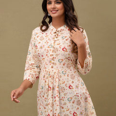 Floral Printed Pure Cotton Pleated A-Line Kurti
