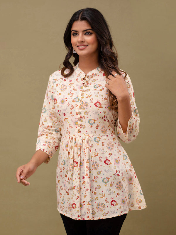 Floral Printed Pure Cotton Pleated A-Line Kurti