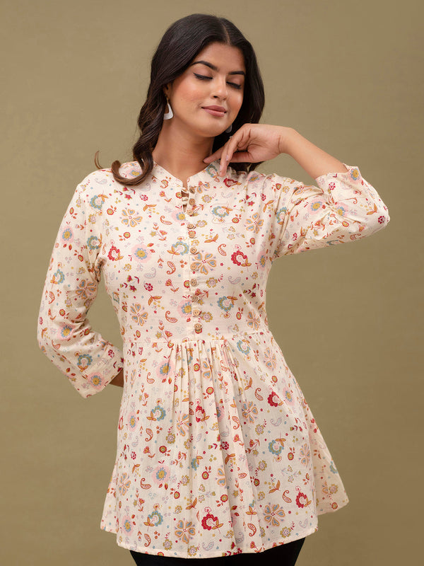 Floral Printed Pure Cotton Pleated A-Line Kurti