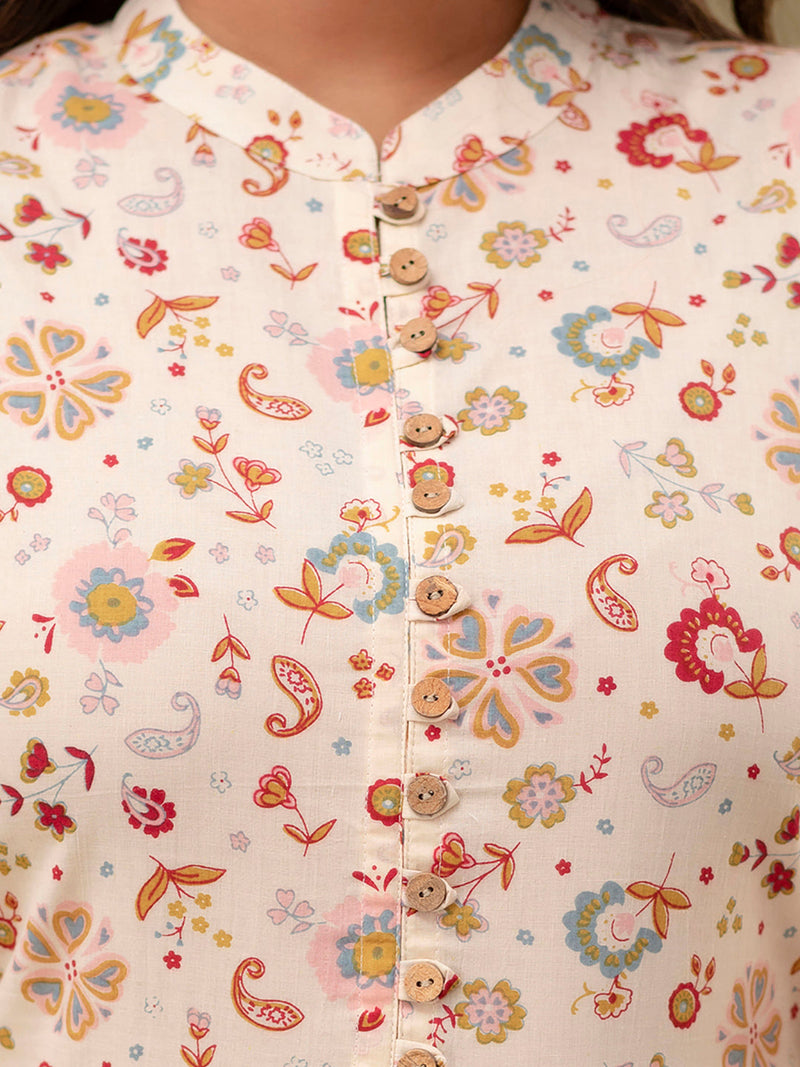 Floral Printed Pure Cotton Pleated A-Line Kurti