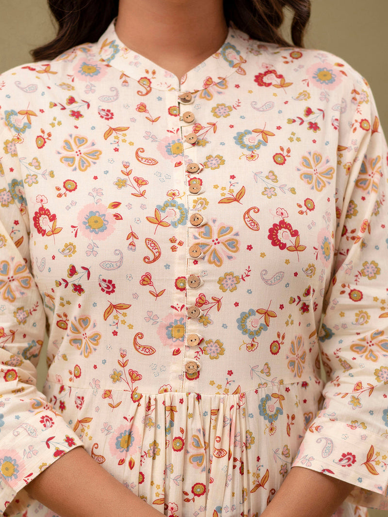 Floral Printed Pure Cotton Pleated A-Line Kurti