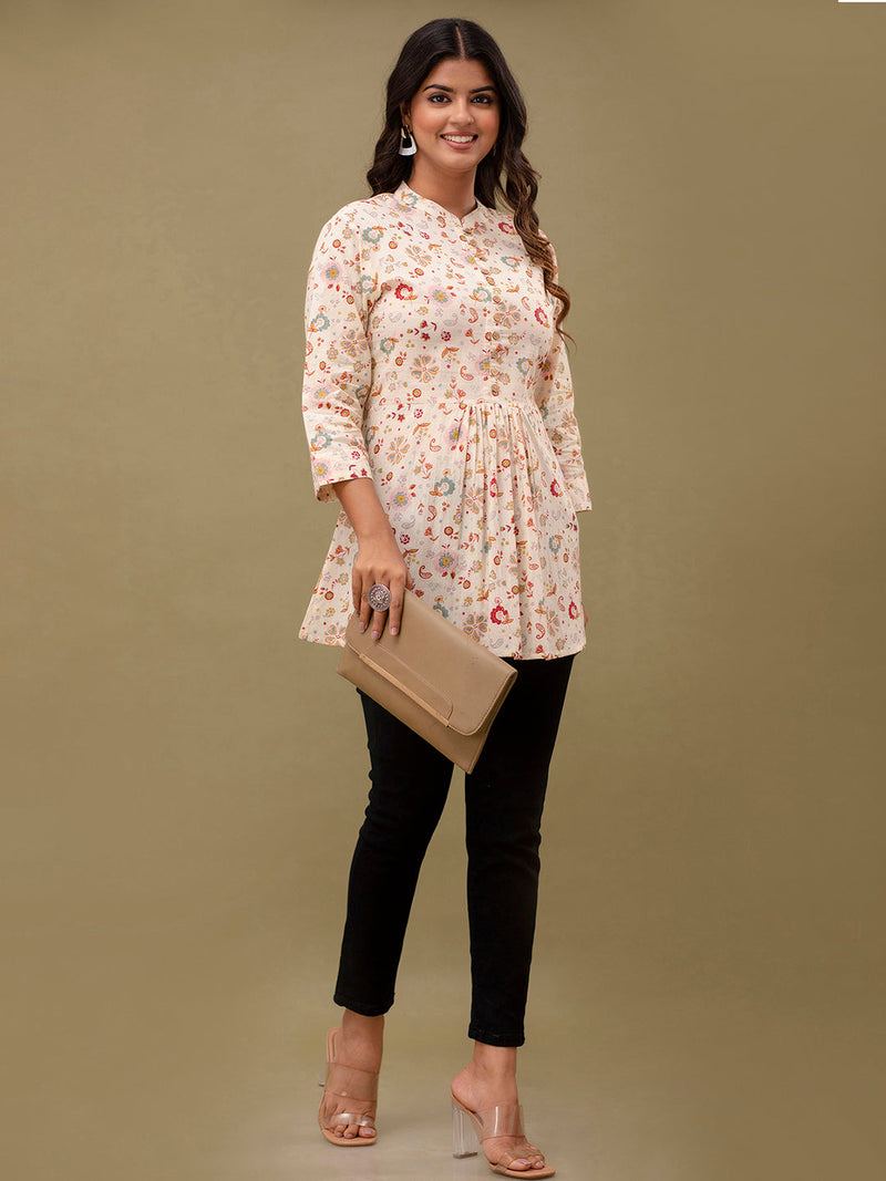 Floral Printed Pure Cotton Pleated A-Line Kurti