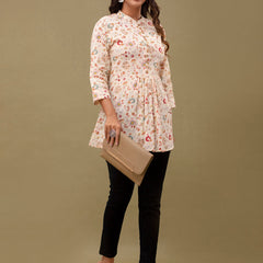 Floral Printed Pure Cotton Pleated A-Line Kurti