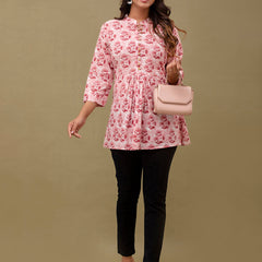 Floral Printed Pure Cotton Pleated A-Line Kurti