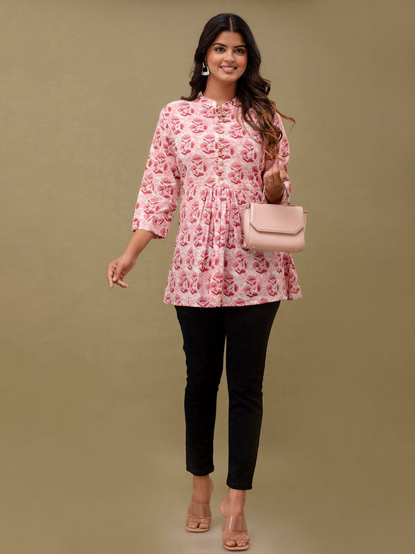 Floral Printed Pure Cotton Pleated A-Line Kurti