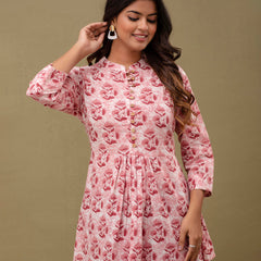 Floral Printed Pure Cotton Pleated A-Line Kurti